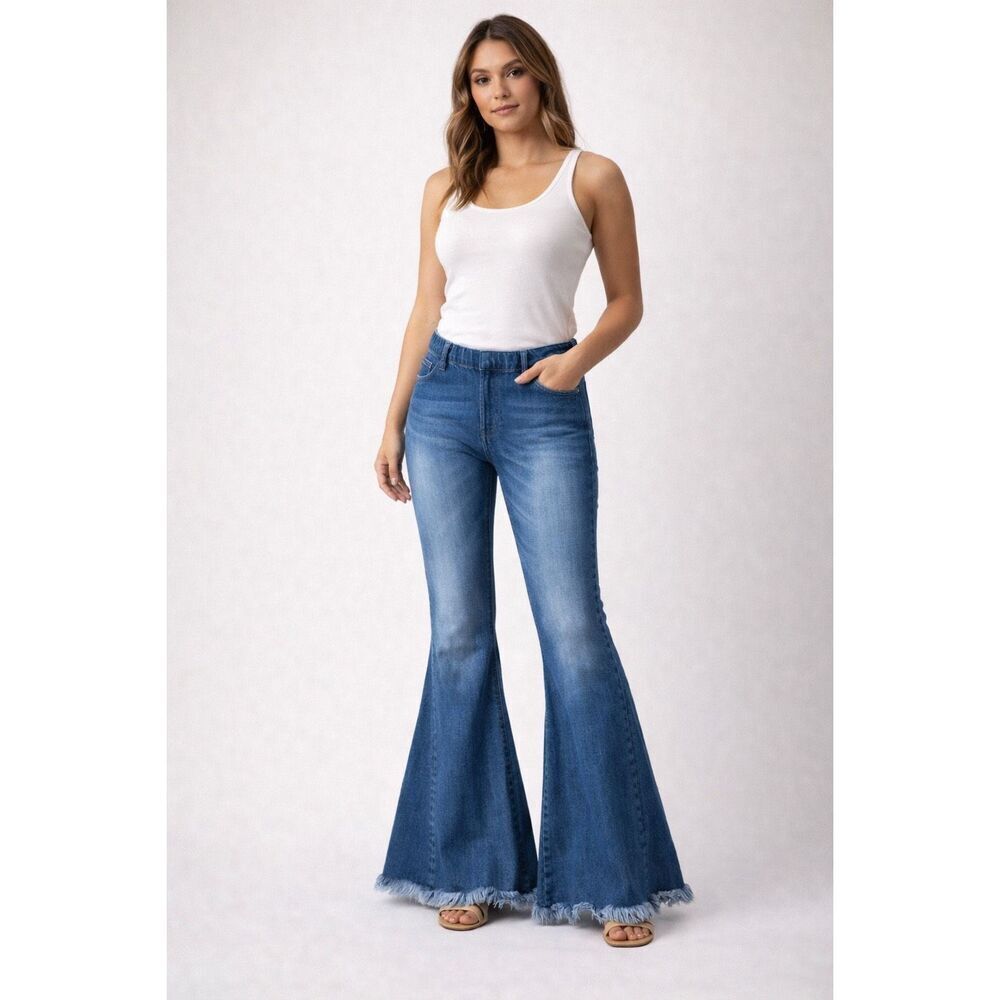 Judith March Boho Pull On Bell Bottom Jeans Frayed Hem Denim Women M